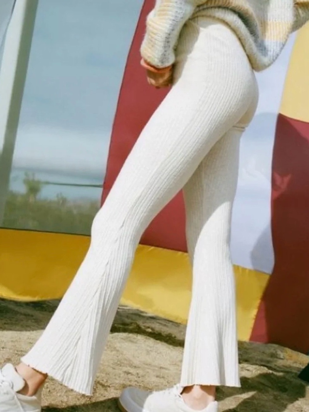 Urban Outfitters Rosie Ribbed Flare Pants Cream S Y2K 70s